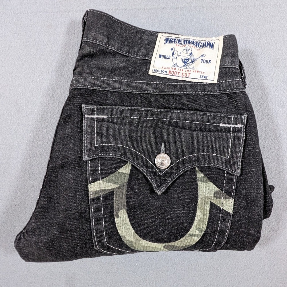 True Religion Boot Cut Jeans Mens 34 Black Camo Horseshoe Logo Made in USA